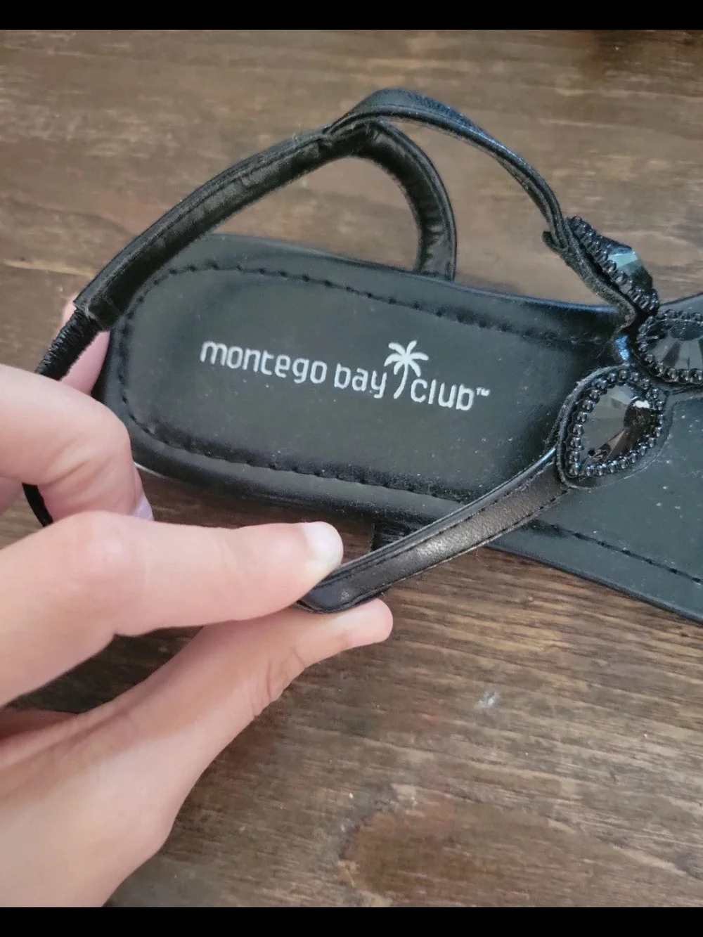 Montego Bay Club Black Jeweled T-Strap Sandals for Women